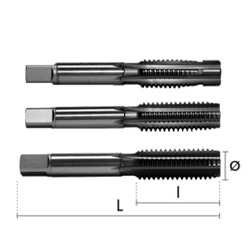 Lot de 3 tarauds métal à main HSSE-PM DIN352 D. 12 x P. 175 x Lt. 75 x lu. 24 x di. 9 mm