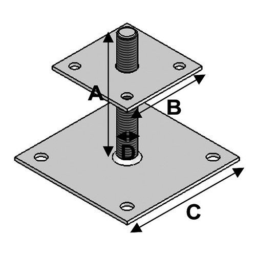 Pied de poteau rŽglable ˆ boulonner avec platine et tige filetŽe (AxBxCxDxŽp) 150 x 100 x 150 x 20 x 4,0 mm - Fixtout