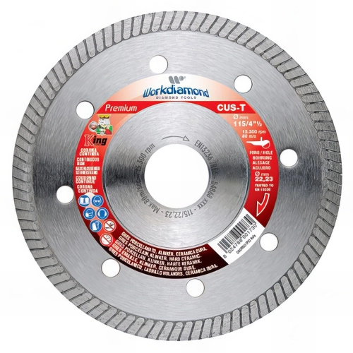 Disque diamant à jante continue cannelée CUS-T - D. 115 x Al. 22,23 x H. 7,5 mm - Grès émaillé / Klinker / Céramique