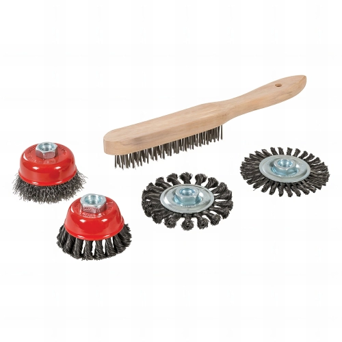 Ensemble 5 pièces brosse métallique, boisseau et roue à fils torsadés - 589548 - Silverline