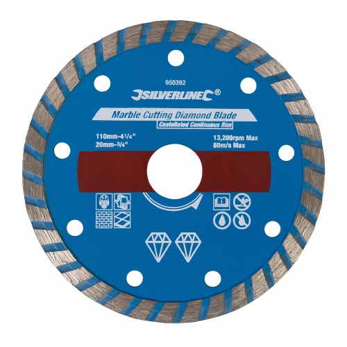 Disque diamant à jante continue cannelée D.110 x 20 mm pour scie circulaire à eau GMC - 950392 - Silverline