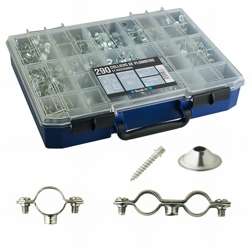 Coffret de 290 colliers sanitaires simples et doubles en acier zingué blanc, rosaces et pattes à vis - COF-SANCS - Scell-it