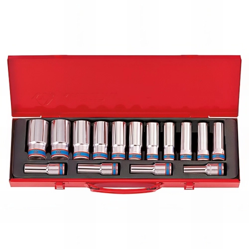 Coffret de 15 douilles longues métriques 1/2" - 10 à 32 mm L. 77 mm