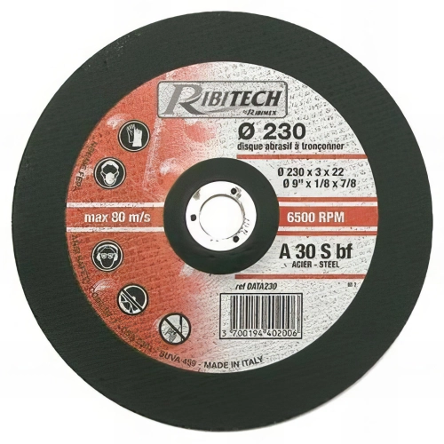 Disque à tronçonner l'acier à moyeu déporté D. 230 x 3,2 x 22,2 mm - PRDATA230 - Ribitech