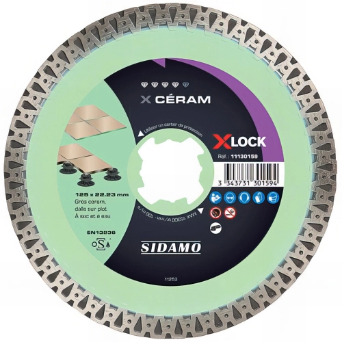 Disque diamnt CÉRAM " X-LOCK " D. 125 x Ht 10 x 22,23 mm. Grès céram, dalle sur plot