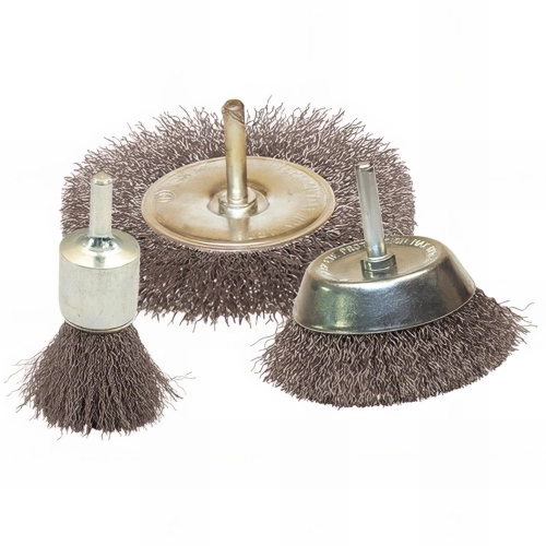 Lot de 3 brosses sur tige fil acier ondulé pour décapage dur bois et métaux - 103020.02 - Leman