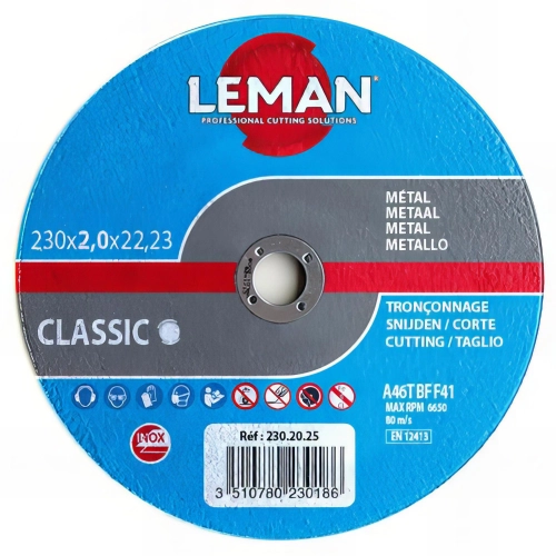 25 disques à tronçonner inox à moyeu plat - D. 230 x Al. 22,23 x Ep. 2 mm - 230.20.25 - Leman