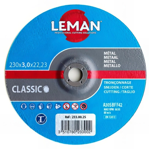 25 disques à tronçonner métal à moyeu déporté - D. 230 x Al. 22,23 x Ep. 3 mm - 233.00.25 - Leman