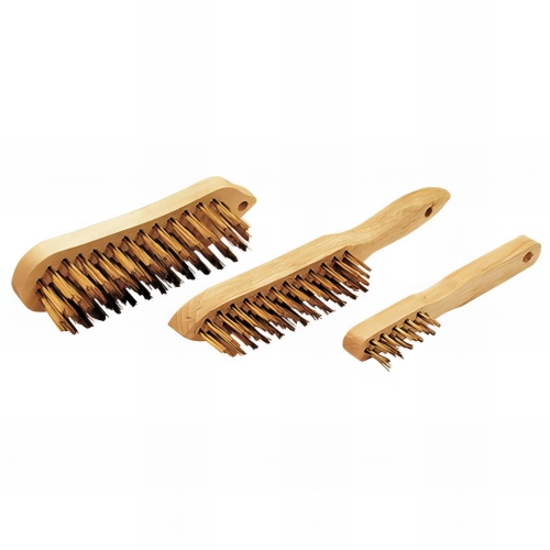 Lot de 3 brosses manuelles avec manche en bois fil acier laitonné pour bois, métal et pierre - Décapage dur - 710.03 - Leman