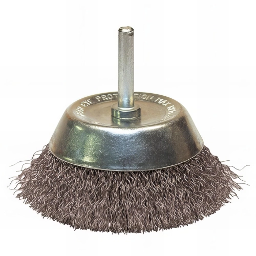 Brosse conique sur tige fil acier ondulé décapage dur bois/métal D. 50 mm - Q. 6 x 30 mm - fil 0,30 - 310.050A - Leman