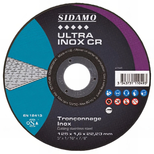 Disque à tronçonner ULTRA INOX CR grain céramique D. 125 x 1,6 x Al. 22,23 mm - Inox, Hardox, Titane - 10111049 - Sidamo