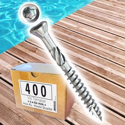 400 vis terrasse 5x60 INOX A2 + 2 embouts offerts, tête fraisée reduite TORX 25