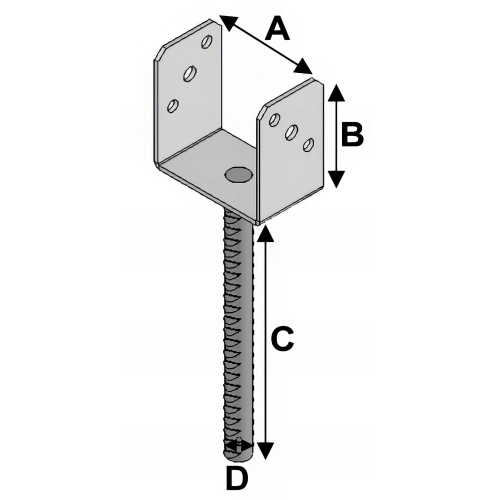 Pied de poteau à ancrer type PAU (A x B x C x D x ép) 71 x 110 x 250 x 20 x 4,0 mm - AL-PAU71 - Alsafix