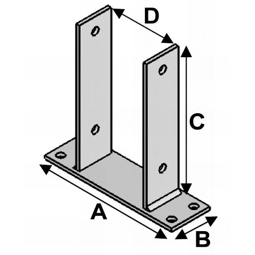 Pied de poteau en U type PBU-71 (A x B x C x D x ép) 200 x 60 x 200 x 71 x 5,0 mm - AL-PBU71 - Alsafix