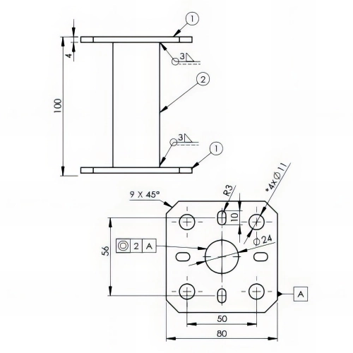 Pied de poteau à embase carré zingué à visser - 80 x 80 x 100 x 5,0 mm