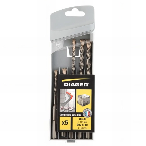 Coffret 5 pcs SDS+ 2 taillants D. 6, 8 x L. 110mm et D. 6, 8, 10 x L. 160 mm Twister-plus - 136C - Diager