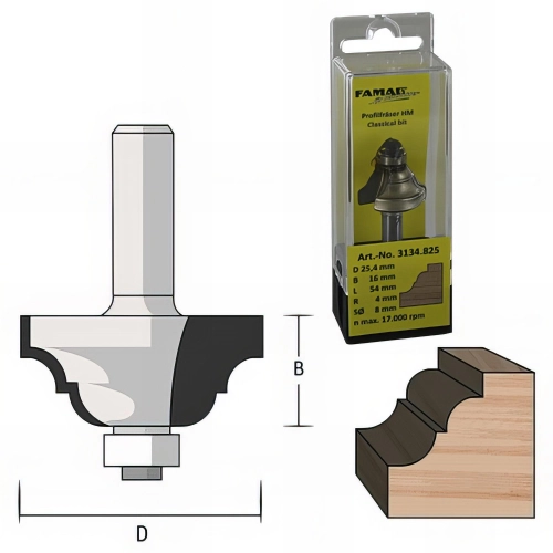 Fraise à doucine D. 25,4 mm Ht. 16 m R4° Lt. 54 mm Queue de 8 mm + Roulement à billes