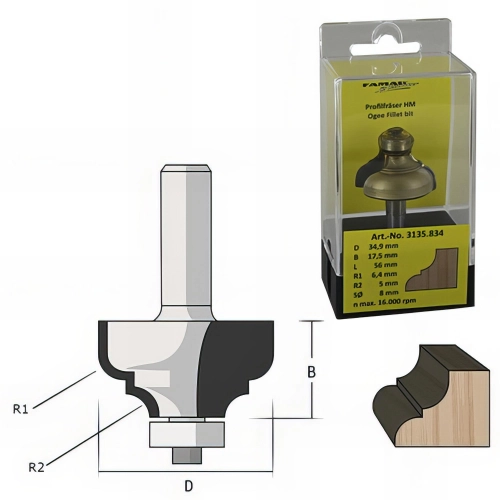 Fraise à doucine D. 34,9 mm Ht. 17,5 mm R6,4°/5° Lt. 56 mm Queue de 8 mm + Roulement à billes