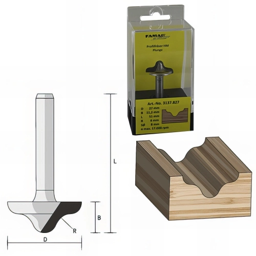 Fraise à profil D. 27 mm Ht. 11,2 m R6°/5° Lt. 51 mm Queue de 8 mm
