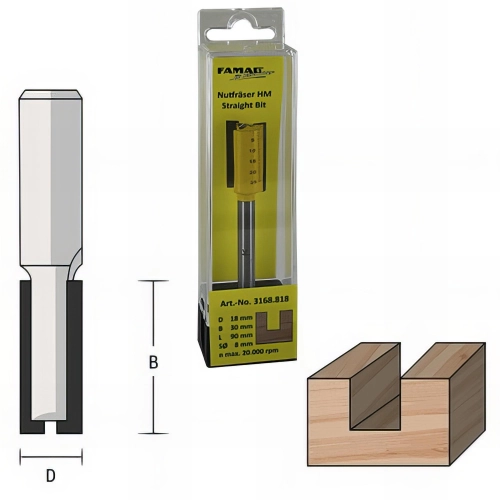 Fraise à rainurer droite version longue D. 20 mm Ht. 30 mm Lt. 90 mm Queue de 8 mm