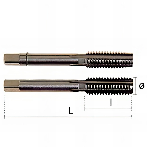 1 jeu de 2 tarauds - 2 passes DIN2181 D. UNF1",1/4-12 x Lt. 132 x Lu. 56 mm x Q. Carrée - 23080110400 - Hepyc