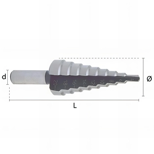 Fraise métal à chanfrainer étagée HSS D. 12 / 20 x Grad. 1 x Lt. 75 x di. 9 mm